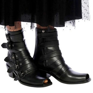 Burberry Albertina Moto Biker Peep Toe Buckle Boot Black Leather Size 36.5/6.5